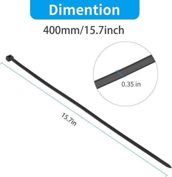 16 Inch Black Large Zip Ties Heavy Duty 100 PCS, 200 LBS Ultra Strong Plastic Wire Ties, Large Cable Ties Extra Long Tie Wraps, Indoor and Outdoor UV Resistant - Image 2