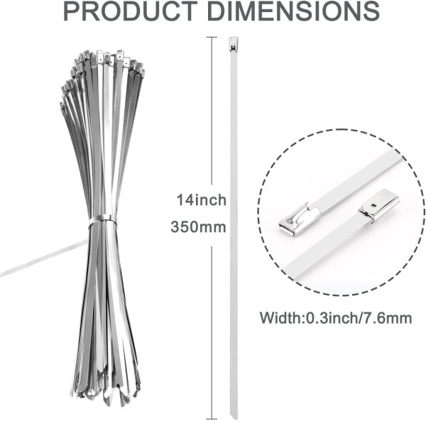 25PCS 14" Heavy Duty 304 Stainless Steel Zip Ties - 220LBS Tensile, 0.3" Width, Self-Locking，Metal Cable Zip Ties for Exhaust Wrap, Fencing, Pipes & Outdoor Use - Image 2