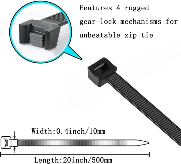 Heavy Duty 24 Inch Zip Ties, 30 Pack - Extra Long Black Cable Ties for Outdoor Use, 200 LB Tensile Strength, Durable Plastic Wire Ties - Image 2