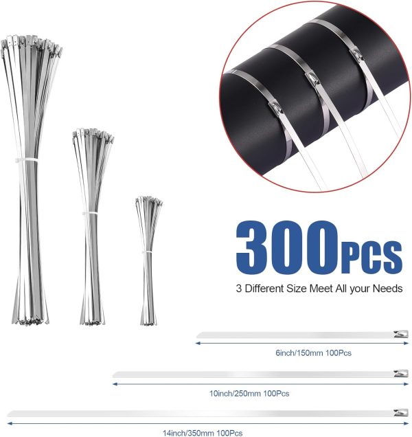 300PCS Metal Cable Zip Ties,300 lbs Tensile Strength, 304 Stainless Steel,Multi-Purpose Heavy Duty Self-locking Cable Ties,Dimensions 6", 10", 14". - Image 2