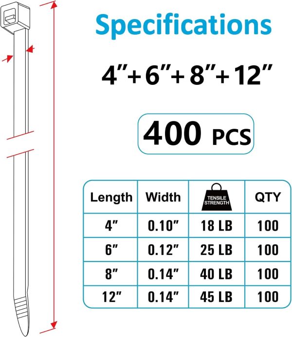 Zip Ties Assorted Sizes(4”+6”+8”+12”), 400 Pack, Black Cable Ties, UV Resistant Wire Ties by - Image 2
