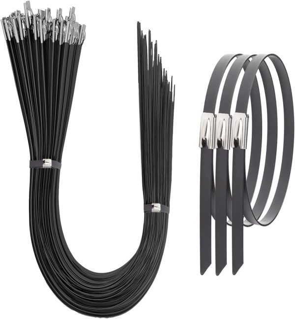 Metal Zip Ties Black 30 inch 180LB 50pcs Heavy Duty 304 Stainless Steel Purpose Binding for Machinery, Vehicles, Farms, Cables, Pipes, Fence.