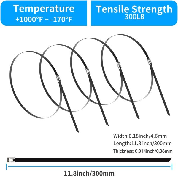 11.8 Inch Metal Zip Ties (200 Pack), 304 Stainless Steel Heavy Duty Zip Ties, 300lbs Tensile Strength, Multi-Purpose Self-locking Cable Ties for Exhaust Wrap, Outdoor and - Image 2