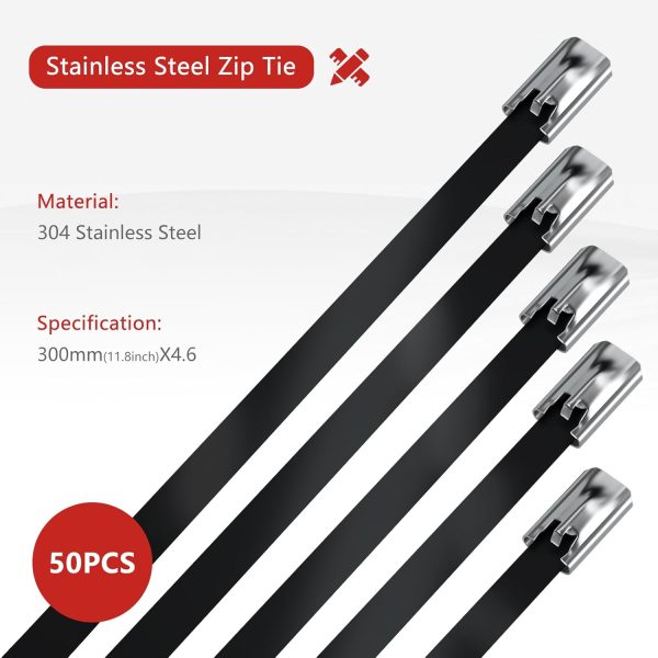 11.8 inch Metal Zip Ties Stainless Steel Black Epoxy Coated Zip Ties (With Tie Cutter), Multi-Purpose Self-Locking Stainless Steel Zip Ties for Vehicles, Pipesas, Fence etc(50 PCS) - Image 2