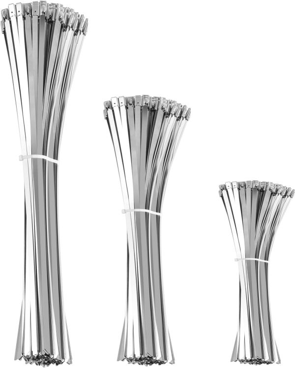 300PCS Metal Cable Zip Ties,300 lbs Tensile Strength, 304 Stainless Steel,Multi-Purpose Heavy Duty Self-locking Cable Ties,Dimensions 6", 10", 14".