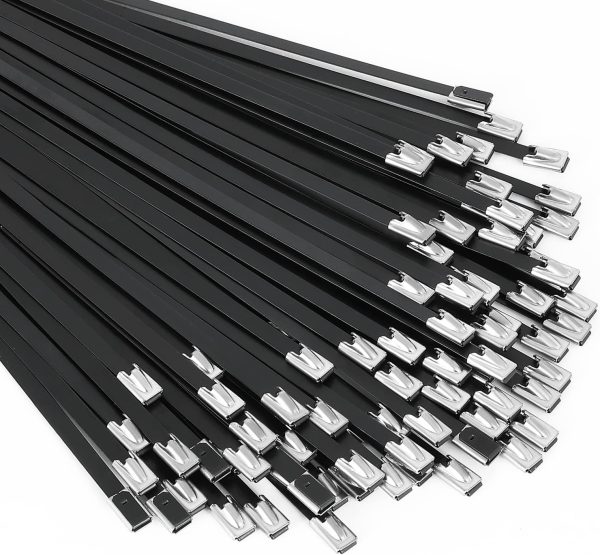 Metal Zip Ties black 100pcs 11.8 inch 304Stainless steel Epoxy Coated Cable Tie Multi-purpose Self-locking Cable Ties used for machinery, vehicles, farms, cables, pipesas well as Outdoor binding
