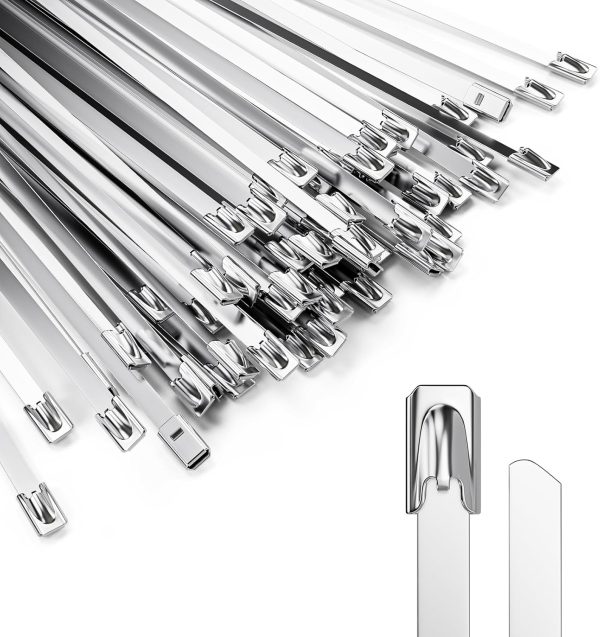 100 Pcs Metal Zip Ties 11.8 Inch, Heavy Duty 304 Stainless Steel Self-Locking Cable Ties, for Outdoor Fence, Cables, Pipes, Vehicles, Farms, Automotive Parts, Exhaust Wraps, Silver