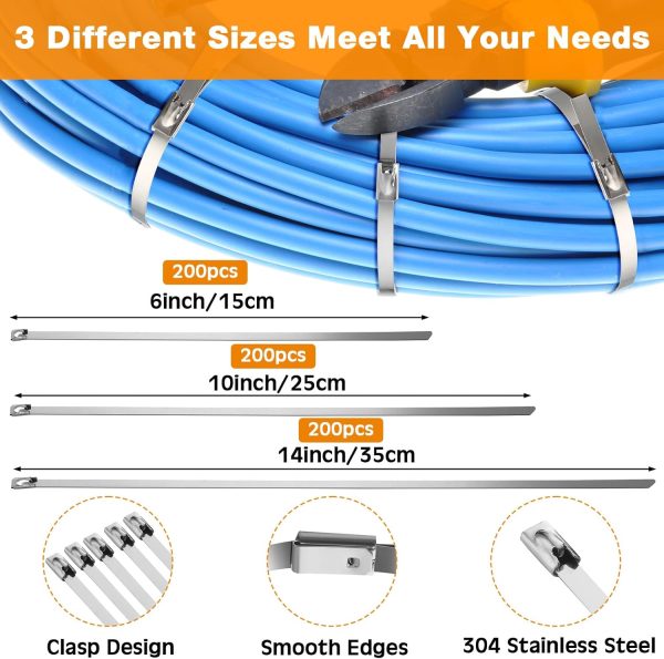 600 Pcs Metal Zip Ties Heavy Duty 304 Stainless Steel Multi Purpose Self Locking Cable Ties for Exhaust Machinery Fence Farm Pipe Roof Outdoor (Multi Sizes) - Image 2