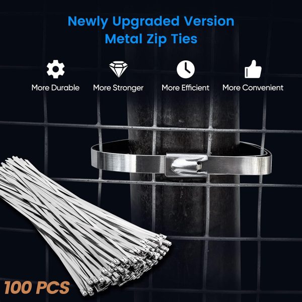 Metal Zip Ties,100 Pcs 11.8 Inch,304 Stainless Steel Zip Ties Multi-purpose Metal Cable Ties-Suitable for Outdoor Chain Link Fence and Exhaust Wrap Zip Ties - Image 2