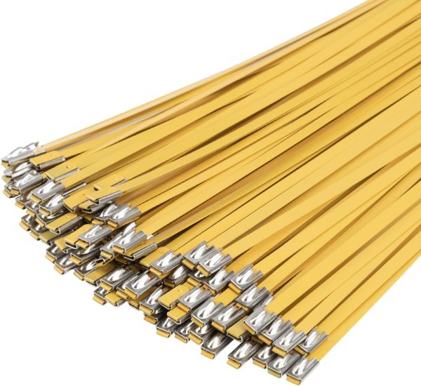 100 PCS 11.8" Yellow Metal Zip Ties, 304 Stainless Steel Heavy Duty Zip Ties, Multi-Purpose Self-locking Cable Ties for Exhaust Wrap, Outdoor and