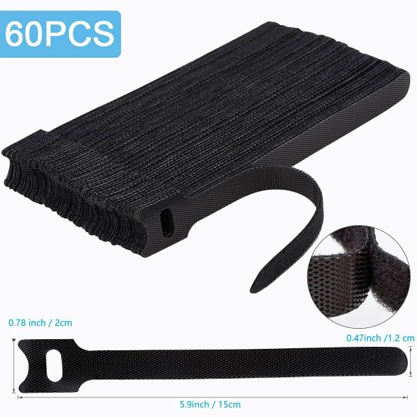 60 PCS 6 Inches Reusable Cable Ties, Adjustable Cord Straps, Cable Organizer, Cord Wrap and Hook Loop Cords Management - Black - Image 2