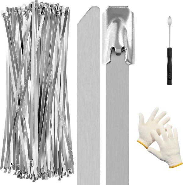 Metal Zip Ties Heavy Duty Outdoor, 85pcs 11.8" 304 Stainless Steel Zip Ties with Gloves and Remover, Self-locking Metal Wire Ties for Chain Link Fence, Chicken Wire, Cars, Fence, Cables, Farms