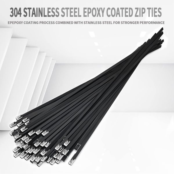Metal Zip Ties black 100pcs 11.8 inch 304Stainless steel Epoxy Coated Cable Tie Multi-purpose Self-locking Cable Ties used for machinery, vehicles, farms, cables, pipesas well as Outdoor binding - Image 2