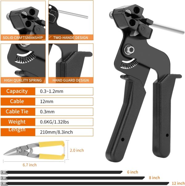 Stainless Steel Cable Tie Gun Set, with 300PCS Black Metal Zip Ties (100 Each of 6, 8, 11.8 Inch), Adjustable Fastening Cutting Tie Tool Sets for Fencing, Exhaust Pipes, Automotive - Image 2