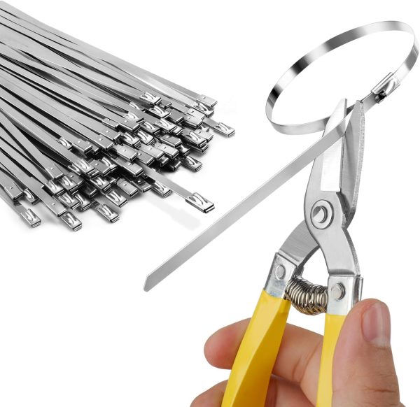 Heavy Duty Metal Zip Ties (With Tie Cutter) - Uv Resistant Stainless Steel, 11.8 Inch, 50 Pieces, Self-Locking, Suitable For Fixing Fences, Pipes, Etc. Outdoor