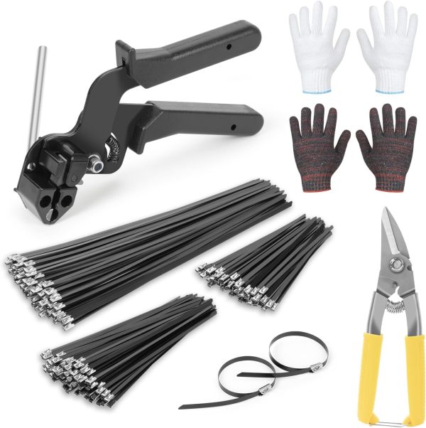 Stainless Steel Cable Tie Gun Set, with 300PCS Black Metal Zip Ties (100 Each of 6, 8, 11.8 Inch), Adjustable Fastening Cutting Tie Tool Sets for Fencing, Exhaust Pipes, Automotive