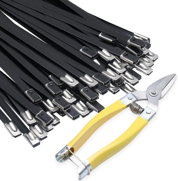 11.8 inch Metal Zip Ties Stainless Steel Black Epoxy Coated Zip Ties (With Tie Cutter), Multi-Purpose Self-Locking Stainless Steel Zip Ties for Vehicles, Pipesas, Fence etc(50 PCS)