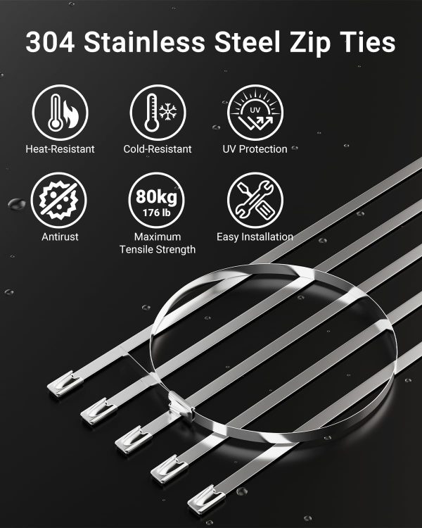100 Pcs Metal Zip Ties 11.8 Inch, Heavy Duty 304 Stainless Steel Self-Locking Cable Ties, for Outdoor Fence, Cables, Pipes, Vehicles, Farms, Automotive Parts, Exhaust Wraps, Silver - Image 2