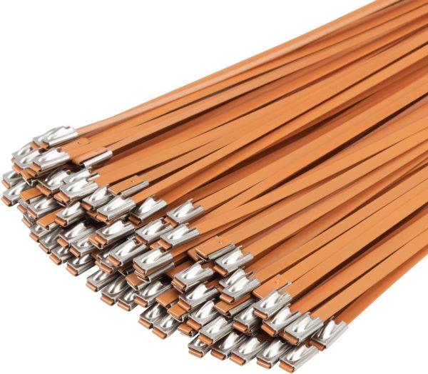 100 PCS 11.8" Orange Metal Zip Ties, 304 Stainless Steel Heavy Duty Zip Ties, Multi-Purpose Self-locking Cable Ties for Exhaust Wrap, Outdoor and