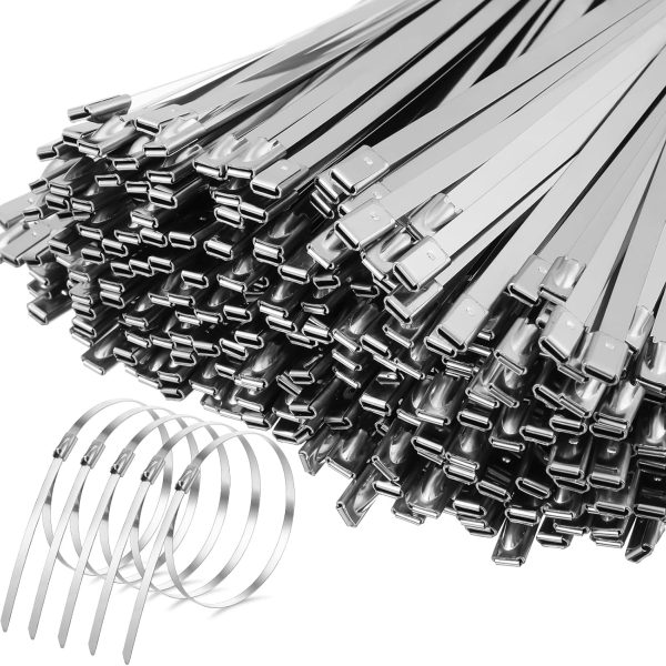 300 Pieces Metal Zip Ties Heavy Duty Stainless Steel Cable Zip Ties Multi Purpose Metal Cable Ties Self Locking Metal Wrap Wire Ties for Exhaust Wrapping Fence Ties, 11.8 Inch