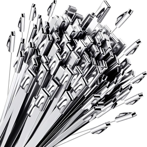 Metal Zip Ties 11.8inch 100pcs 304 Stainless Steel Cable Ties, Uv Resistant Heavy Duty Stainless Steel Zip Ties for Machinery, Exhaust Wrap, Farm, Pipe, Roof, Cable, and Outdoor Fence