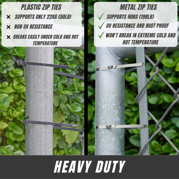 Metal Zip Ties 11.8 inch 100pcs 304 Stainless Steel Zip Ties Heavy Duty Multi-Purpose Self-Locking Cable Ties for Machinery, Vehicles, Exhaust Wrap, Farms, Pipes, Roofs, Cables, and Outdoor Fence - Image 2