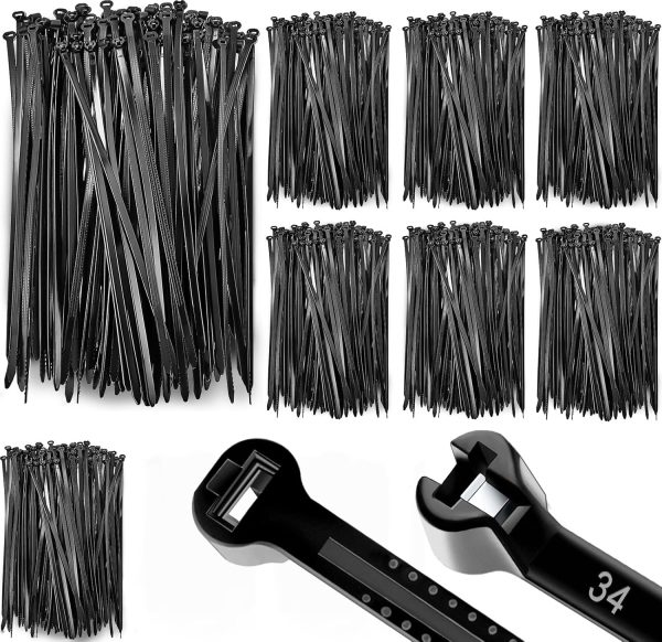 1000 Pcs Black Cable Tie 7.9'' 45LB Nylon 6.6 Zip Cable Ties with Stainless Steel Locking Device Heavy Duty UV Resistant Wire Wrap with Metal Tooth Multi Purpose for Indoor Outdoor