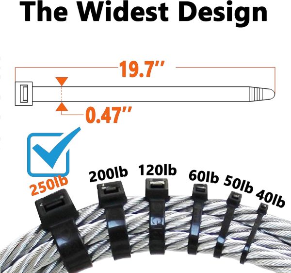 Black Zip Ties Heavy Duty 20 Inch Outdoor, 250lb Extra Large Cable Tie Wraps Long Plastic Wire Ties Wide Big Strong Thick Zipties 40 Pack - Image 2