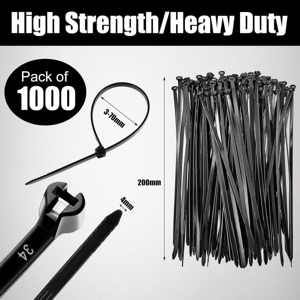 1000 Pcs Black Cable Tie 7.9'' 45LB Nylon 6.6 Zip Cable Ties with Stainless Steel Locking Device Heavy Duty UV Resistant Wire Wrap with Metal Tooth Multi Purpose for Indoor Outdoor - Image 2