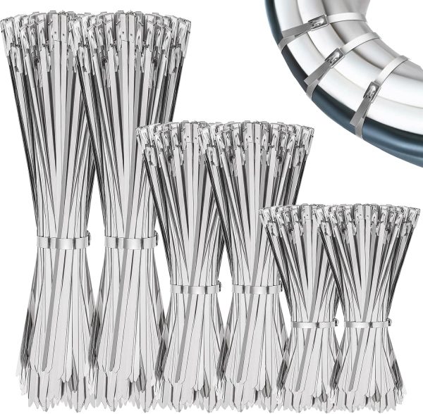 600 Pcs Metal Zip Ties Heavy Duty 304 Stainless Steel Multi Purpose Self Locking Cable Ties for Exhaust Machinery Fence Farm Pipe Roof Outdoor (Multi Sizes)